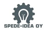 Un logotipo que presenta un engranaje con una bombilla en el centro, que simboliza innovación e ideas. Debajo del gráfico, el texto "SPEDE-IDEA OY" está escrito en letras mayúsculas y en negrita. La combinación de colores general es gris oscuro, lo que refleja un guiño a la maquinaria agrícola avanzada y la tecnología agrícola.